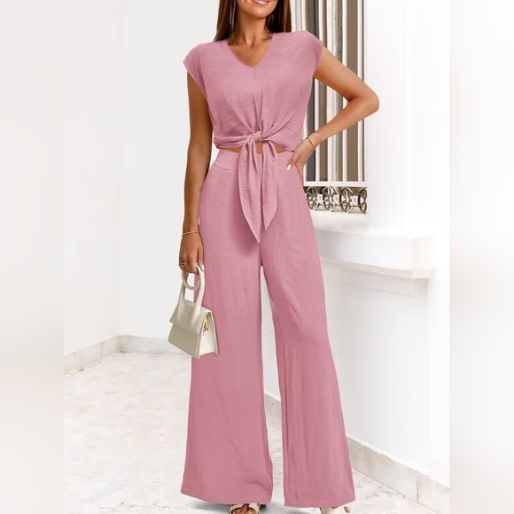 Just Jen Pants - Elegant Pink Tie-Front Top And Wide Leg Pants Set Full Size & Plus Size